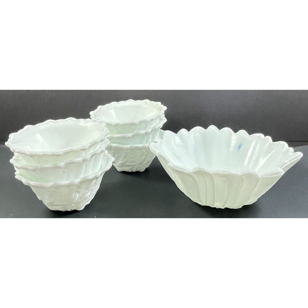 Milk Glass Lily Pons Leaf Bowl Set of 7 Serving 7" Berry Fruit Sunflower Vintage